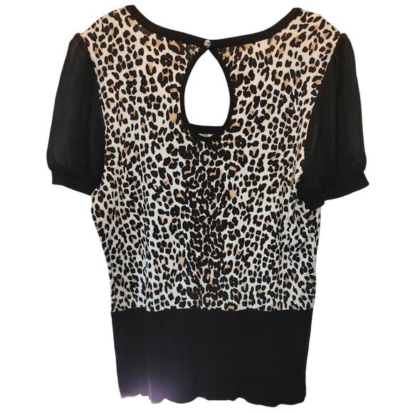 White House Black Market Short Sheer Sleeves Leopard Print Knit Top Size Large - Picture 2 of 6
